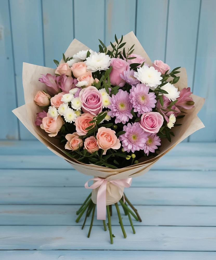 Букет цветов из: Хризантемы, Розы и Альстромерии в Луговой