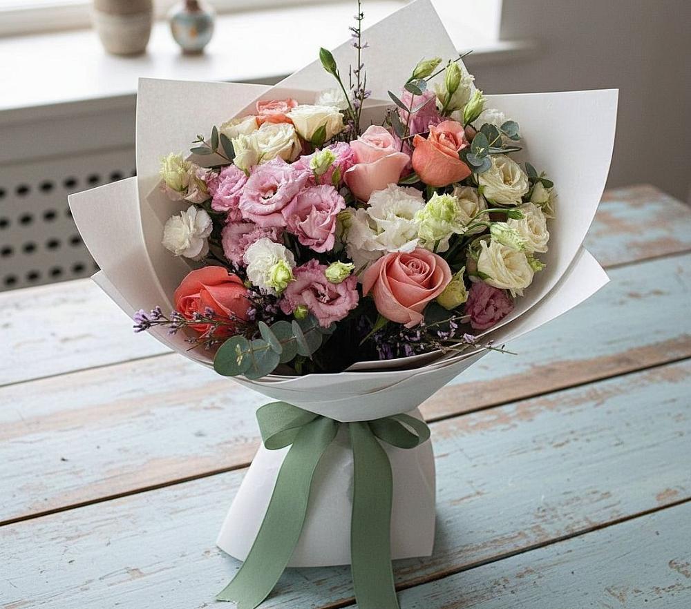 Букет цветов из: Розы, Лизиантусы и Гвоздики в Луговой