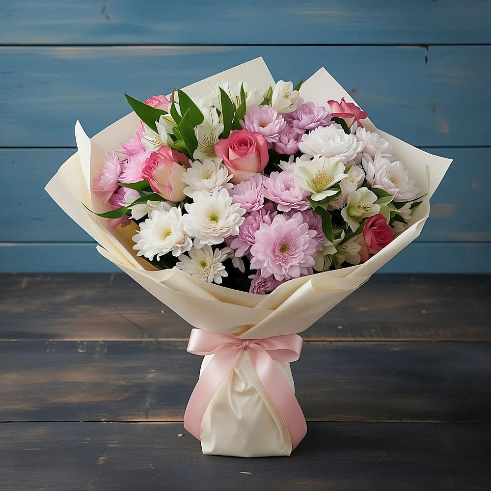 Букет цветов из: Хризантемы, Альстромерии и Розы в Луговой